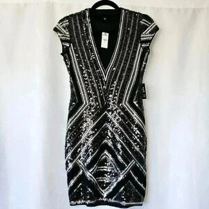 😍 NWT 😍 Express V-Neck Sequin Mini Dress, Black and Silver, Size XS